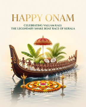 Happy onam festival poster featuring traditional vallam kali snake boat race kerala