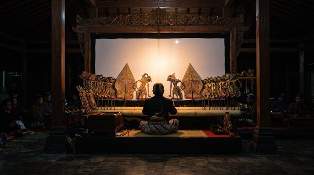 A traditional Javanese shadow puppet performance featuring a dalang puppeteer in a dark wooden theater.