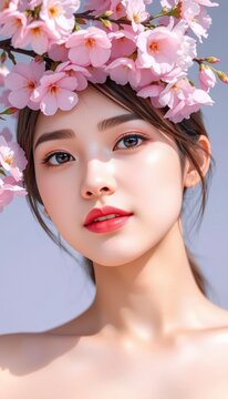 Delicate cherry blossoms spring background beautiful woman skin layers highlighting fresh glowing radiance on premium soft lavender background