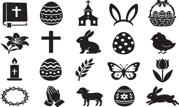 Set of black easter and religious holiday icons on white background