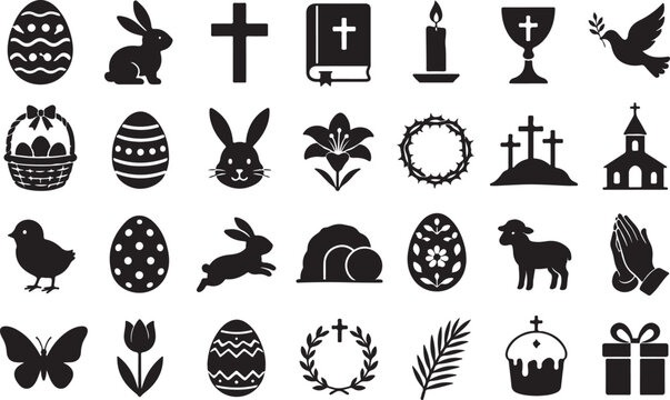 Set of black easter and religious holiday icons on white background