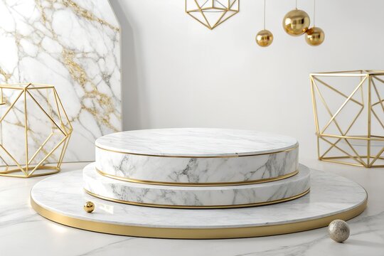 Luxury White Marble Podium with Gold Geometric Elements for Premium Product Display