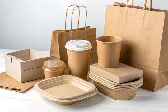 Eco Friendly Kraft Paper Food Packaging Set on White Background