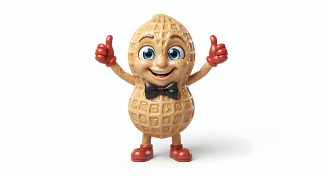 Cute 3D anthropomorphic peanut character giving double thumbs up isolated on white background