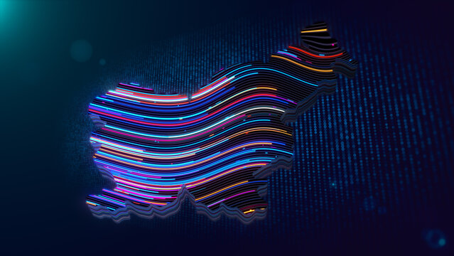 Abstract 3D extruded Slovenia map formed by flowing neon lines over a futuristic particle grid with glowing lights, depth of field, lens flare, and colorful digital texture.