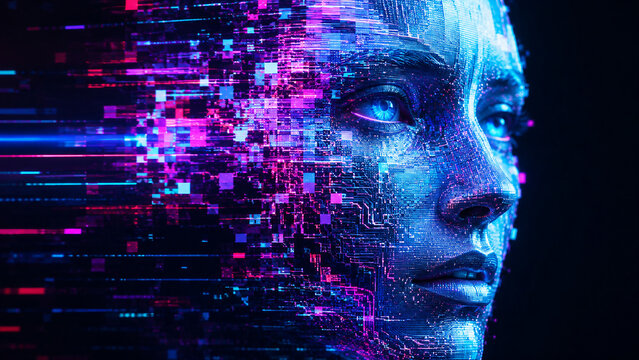 Futuristic artificial intelligence face dissolving into glowing digital pixels and circuit patterns in vibrant blue and magenta neon light.