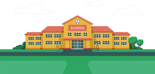 Fototapeta premium School Building Exterior Facade with Campus Lawn Yellow Academic Architecture Elementary High School University Learning Institution and Backyard Green Landscape Flat Vector Design