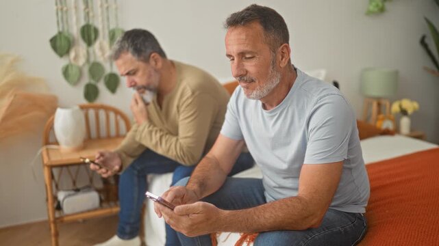 Man holding smartphone with hands visible while sitting on a bed in a bedroom, another man beside him looking pensive; thoughtful connection.