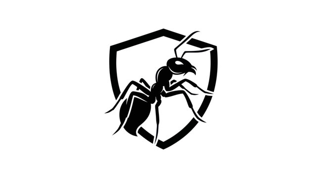 Graphic illustration of an ant inside a shield symbol on white background