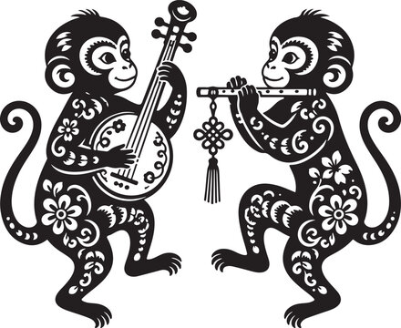 Two monkeys playing music in traditional Chinese paper cut art style