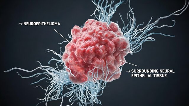Dark grey background annotated 3D medical render of Neuroepithelioma, malignant tumor mass surrounded by branching neural epithelial tissue neuro-oncology pathology educational illustration