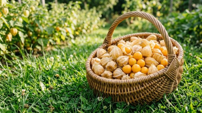 Fresh golden berries in wicker basket on green grass in garden