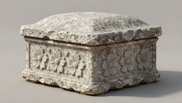 Weathered stone ossuary box with flower relief carving