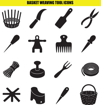 Basket weaving tool icon collection set for craft projects and artistic handmade wicker production.