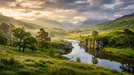 Obraz premium Scenic Mountain River Valley Surrounded by Majestic Green Highlands at Sunrise