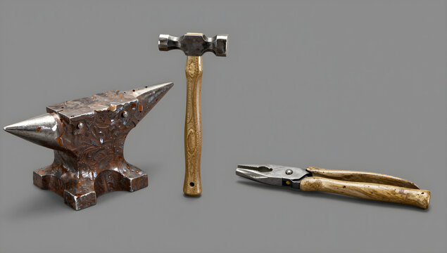 Artisan tinsmith tools anvil hammer and pliers