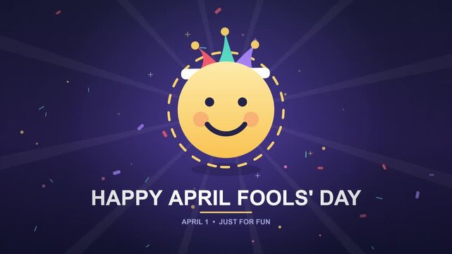Smiling Cartoon Face Wearing Jester Hat Moving and Confetti Falling on Dark Background