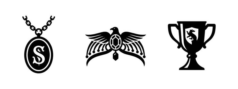 Black silhouette icons of a locket with 'S', an eagle crest, and a trophy cup
