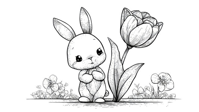 cute kawii rabit character sitting beside blooming flower with botanical garden elements hand darwn illustration isolated on white background 