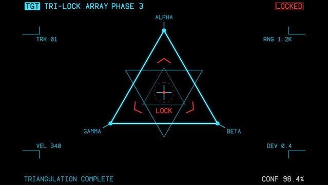 VR HUD interface cyberpunk screen black and white design. Futuristic sci-fi virtual reality view head up display visor. GUI UI. Futuristic triangular targeting HUD on black with lock chevrons and