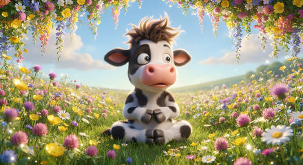 Naklejka premium Funny 3D cartoon calf sitting cross-legged in meditation pose on a colorful wildflower field with floral arch