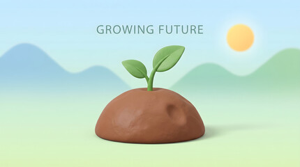 Fototapeta premium 3D clay illustration of a green sprout growing from soil in a sunny mountain landscape.