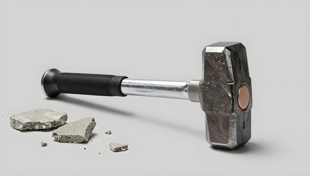 Heavy sledgehammer with steel head and concrete rubble