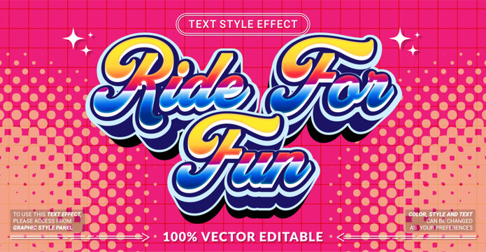 Editable Ride for Fun text effect vector with colorful retro typography. Perfect for cycling, biking, sports branding, posters, apparel, banners, and creative designs.