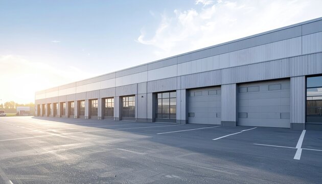 Long industrial building with multiple large garage doors and a vast empty parking lot