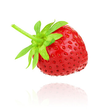 Fresh ripe strawberry isolated on transparent background, macro close-up with detailed texture and seeds, vibrant red color, healthy organic fruit concept. PNG
