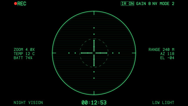 Night camera military viewfinder overlay. Night green camera template. Camera frame vector template with gps coordinates and. Night vision recording frame overlay on black with green circular scope