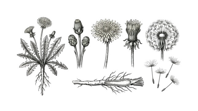 Vintage dandelion botanical illustration set, hand drawn floral sketches with roots and seeds, antique black and white wildflower vector elements