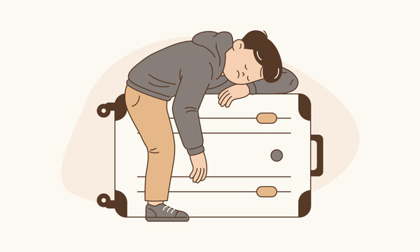 Exhausted Male Traveler Sleeping on Top of Large Suitcase Representing Flight Delay Chaos Vector