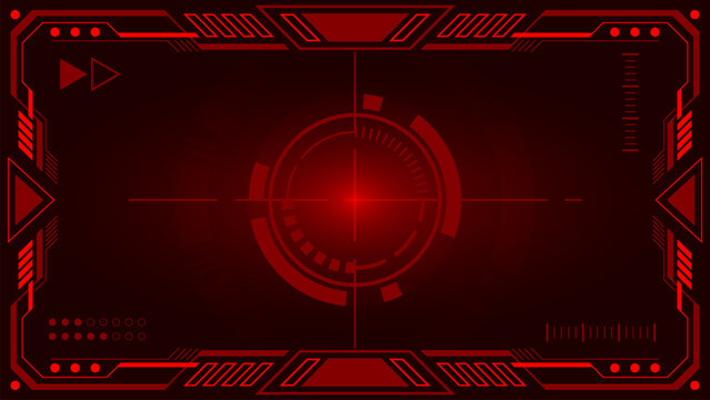 Futuristic red HUD frame background with user interface elements, crosshair target, and tech borders