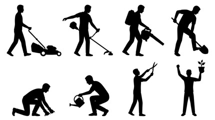 Naklejka premium Set of silhouettes representing gardeners performing landscaping tasks, lawn maintenance, planting, yard work, horticulture, garden care and seasonal