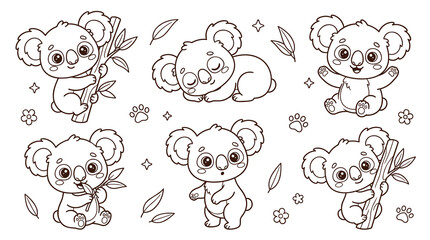 Fototapeta premium Set of cute koala bear illustrations in line art style, featuring different poses and expressions, perfect for nursery decor and stationery