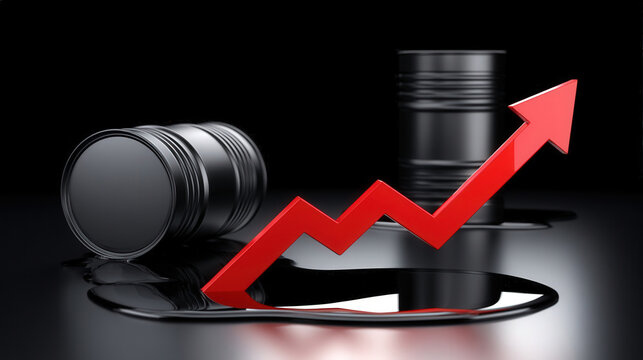 Rising oil prices concept with black crude oil barrels and red upward arrow graph on dark background