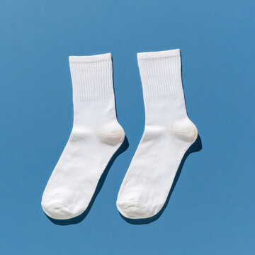 Pair of white cotton crew socks on blue background with soft shadows minimalist flat lay