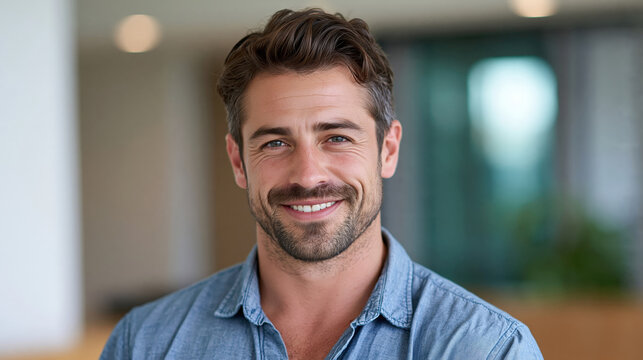Smiling confident man in casual blue denim shirt standing in modern office space with natural light