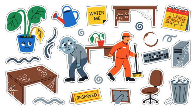 Set of messy office elements, sad worker, janitor with broom, dirty desk, trash bin, calendar, watering can, maintenance service, workplace cleanup