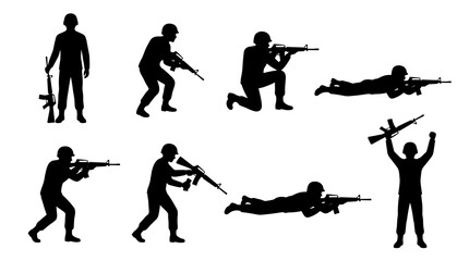 Fototapeta premium Set of black silhouettes of soldiers in various combat stances, firing weapons, tactical training, military defense, armed forces, war and conflict