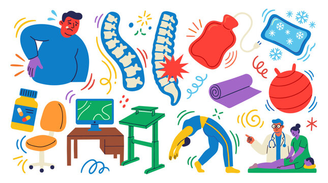 Set of back pain and spinal health icons, illustrating physical therapy, lumbar support, posture correction, massage treatment, exercise recovery