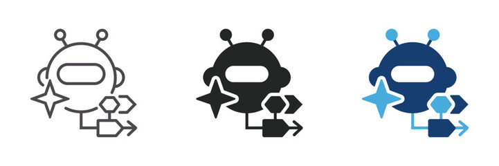 Naklejka premium AI robot process icon set, generative chatbot automation workflow symbol, robotic algorithm assistant vector illustration