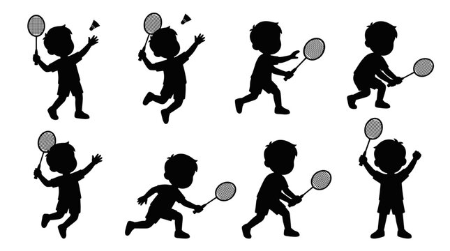 Set of black silhouettes featuring children playing badminton in various active poses, leisure sports activity, exercise for kids, healthy lifestyle