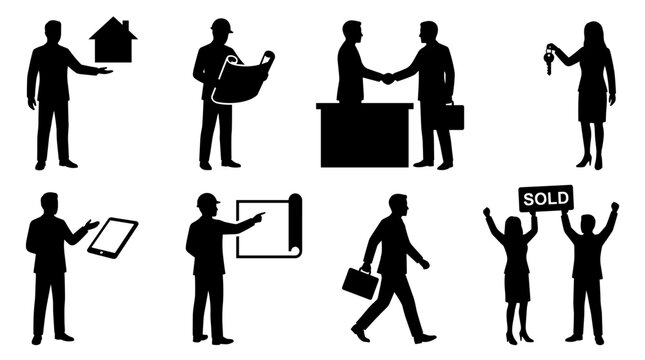 Set of black silhouettes of real estate agents, property selling, house keys, architectural blueprints, handshake agreement, closing deal