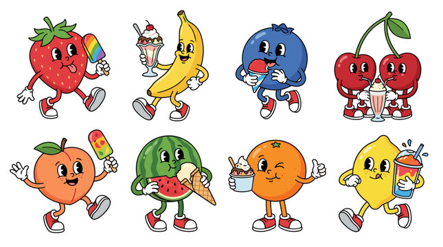 Set of retro fruit characters with faces and limbs holding summer desserts and drinks, vintage nostalgia style, fun food mascots for stickers