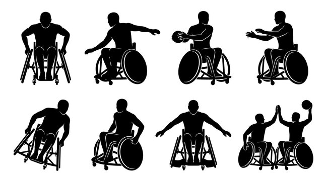 Set of wheelchair sports athlete silhouettes, playing basketball, tennis and active movement, disabled accessibility and inclusive recreation symbols