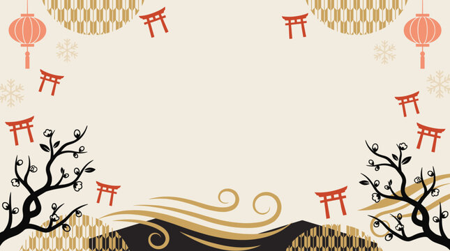 East asian inspired decorative frame with torii gates, lanterns, and floral silhouettes, elegant cultural border, traditional festive template design