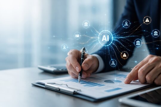 Hands reviewing financial documents with AI risk analysis
