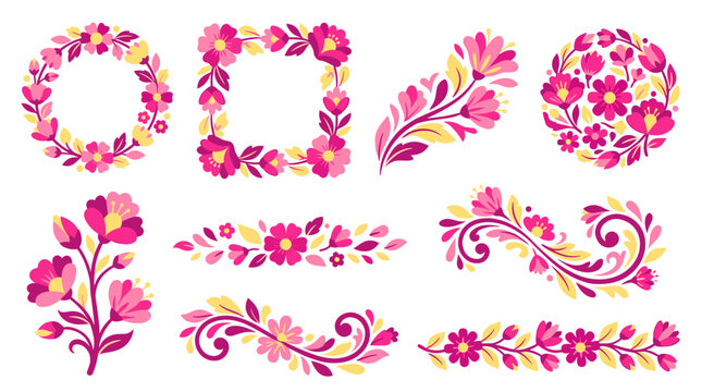 Set of floral frames, wreaths and decorative borders in vibrant pink and yellow hues, perfect for folk art stationery, textile patterns and wedding